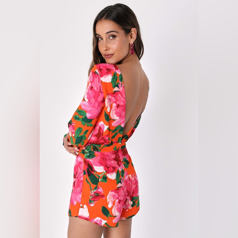 Lulu's Sweetest Song Orange Floral Romper Low V Back Long Sleeve Size S - Picture 3 of 15